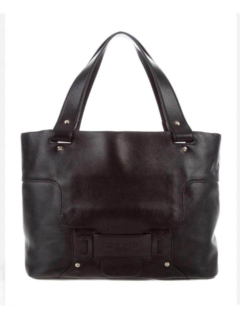 KATE SPADE Large Black Leather Tote Bag Front Flap Pocket Floral Lining